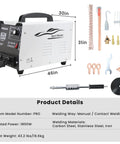 1.8KW Stud Welder Dent Repair Kit 110V Spot Welder With Slide Hammer and accessories displayed, dimensions and materials shown
