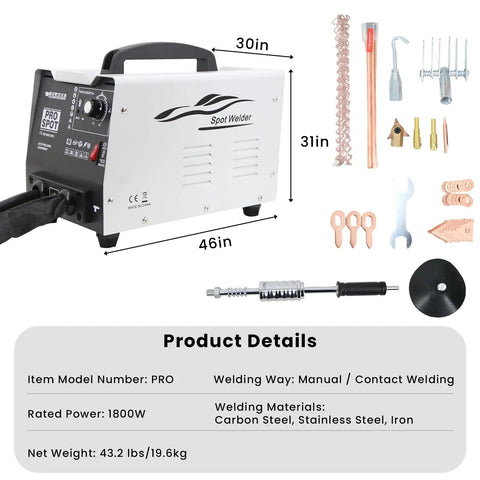 1.8KW Stud Welder Dent Repair Kit 110V Spot Welder With Slide Hammer and accessories displayed, dimensions and materials shown