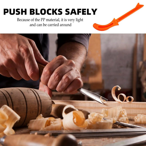 Close-up of woodworking with tools and orange push block for table saw safety, emphasized in text above image.