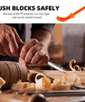 Lightweight PP Handle Woodworking Push Block and Safety Push Stick shown with wood shaving, highlighting safe cutting.