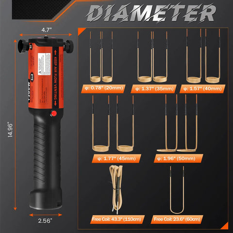 1500W Induction Bolt Removal Kit with multiple coil sizes shown; dimensions listed for Fast Heat Induction Tool and Bolt Buster.