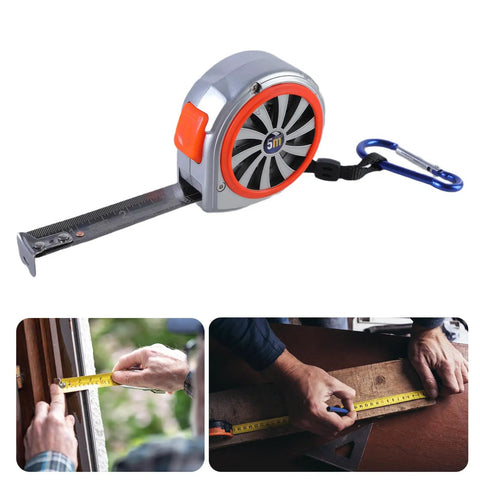 Rugged Steel Tape Measure With Handy Pocket Clip For Home Projects And Pro Craftwork, showing metal tape and blue carabiner