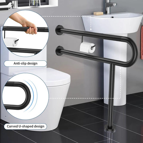 Slick Matte Black Wall To Floor Toilet Safety Grab Bar With Paper Holder Heavy Duty, 80 cm steel assist rail with anti-slip design.
