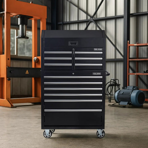 Rolling Tool Cabinet With Detachable Top Toolbox Two In One Modular Tool Storage Cart Lockable Wheels And Ball Bearing Sliders Beefy Heavy Duty Metal Chest In Black Powder Coat For Garage Workshop And Warehouse, front view