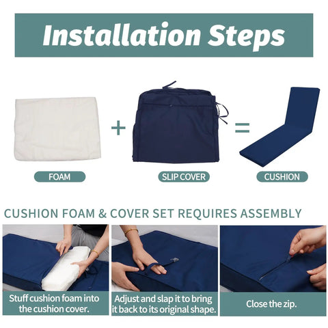 Installation steps for Outdoor Chaise Lounge Cushions For Patio Furniture, Waterproof Replacement Seat Cushions assembly process.