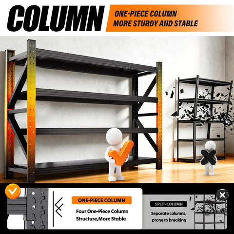 Hella Sturdy Heavy Duty Metal Storage Shelves With Rock Solid Frame And No Sweat Setup Four Tier Adjustable Garage Shelving Rack For Home Shop Or Warehouse displaying one-piece column structure.