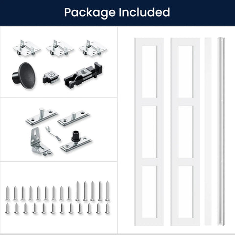 Heavy Duty Interior Bifold Closet Doors Fits 24 X 80 Inch Opening with mounting hardware and glass panels included.