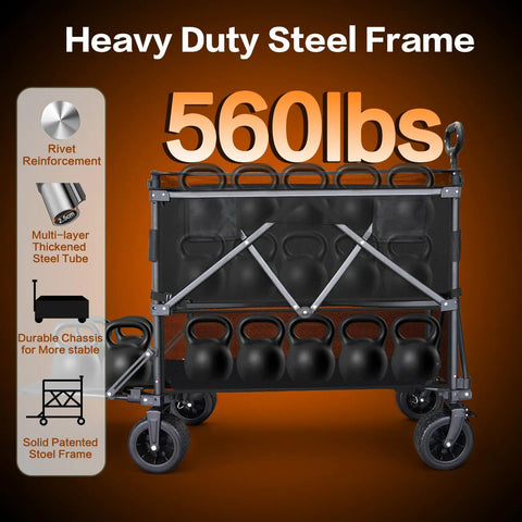 Heavy Duty Double Decker Collapsible Wagon With Retractable Mesh And Tailgate 600L Capacity showing 560 lbs steel frame