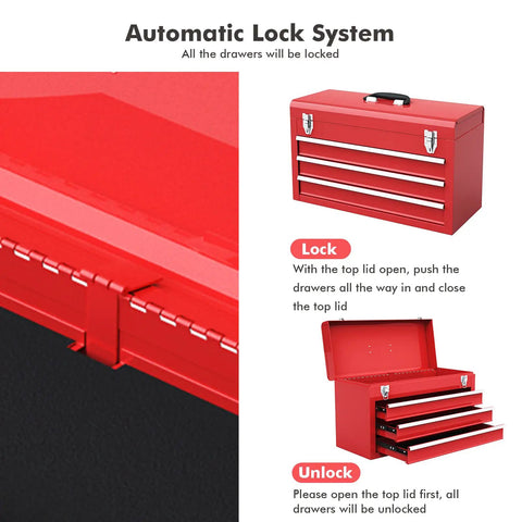 Lockable Red Steel Tool Chest With Three Drawers And Top Tray Portable Toolbox For Home Garage Workshop And Repair Shop Heavy Duty Tool Organizer Tough As Nails Metal Cabinet For Tools And Gear, red steel chest open/close lock system