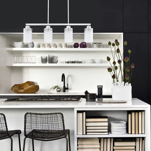 4 Light Kitchen Island Pendant Chandelier In Brushed Nickel Finish With Frosted Glass Cup Shades Sleek Modern Ceiling Light Fixture