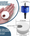 Game Changer 8 Piece Bundle White Desk Grommet Kit Featuring Detachable Cable Hole Cover and Heavy Duty Bi Metal Drill Bit dimensions display.