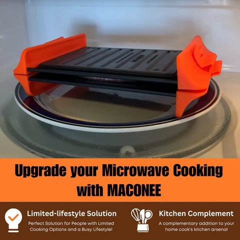 Maconee Microwave Grill For Melty Cheesy Sandwiches And Crispy Paninis on a plate in microwave, orange thermal cooking plate.