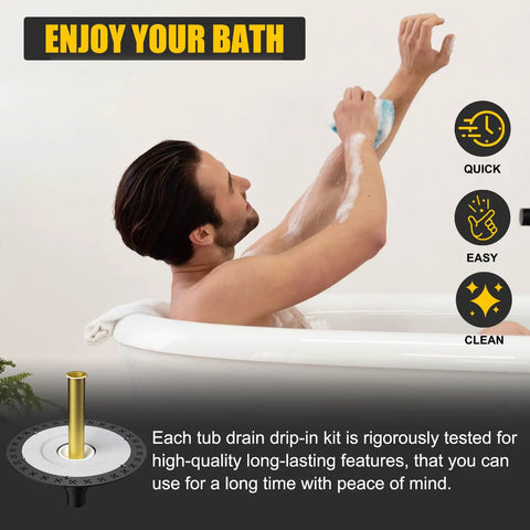 Man in bath demonstrating Freestanding Tub Drain Rough In Kit With 12 Inch Flange Base No Fuss Easy Install For Free Standing Tubs ABS And Brass Pipe CUPC Certified Quick Leak Free Drain System That Fits Most Freestanding Bathtubs