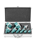9Pcs Diamond Core Drill Bit Set with teal-green bits in a metal storage case; includes 8 drill bits and 1 chamfer bit.