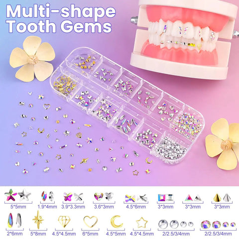Tooth Gem Kit for Teeth Beginners with Colorful Crystal Gems and Essential Tools, includes multi-shape gems and dental tool model.