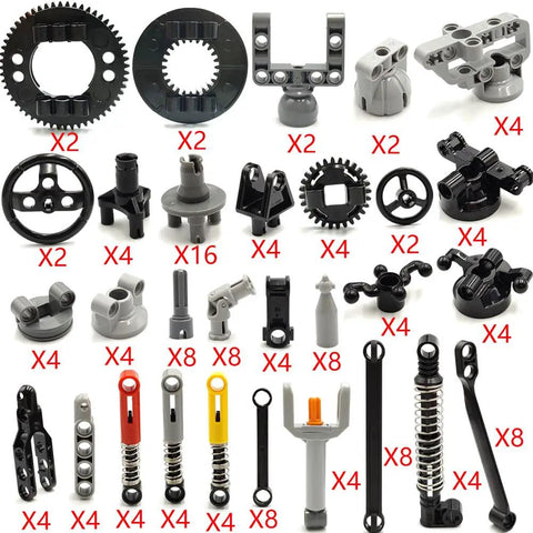 Technical Car Suspension Building Kit With 144 Pieces Including Wheels Connectors Shock Absorbers Turntable Platform Steering Hub And Rotating Gears components