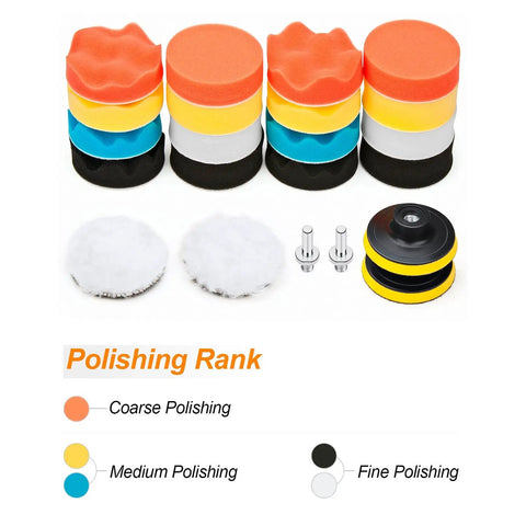 Pro Grade Car Foam Drill Polishing Pad Kit 22 Piece with 3 Inch sponge pads, wool buffers, adapters, suction cups displayed.