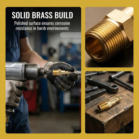 10 Piece Brass One Quarter Inch NPT Quick Connect Air Fittings Kit used in workshop setting