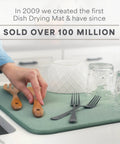 Top Shelf Microfiber Dish Drying Mat Extra Large 18 X 24 Inch Countertop Pad with utensils on a sink counter.