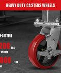 Six Inch Heavy Duty Industrial Casters Featuring Crowned Red Polyurethane Treads And Rock Solid Cast Iron Cores in action, showing robust design.