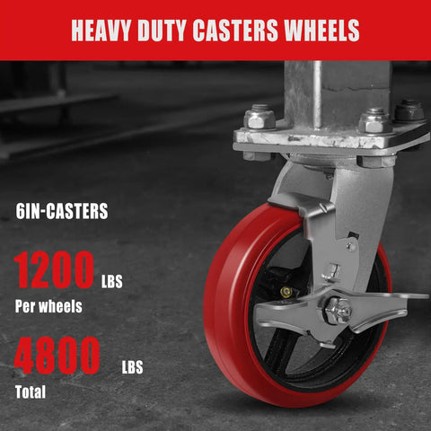 Six Inch Heavy Duty Industrial Casters Featuring Crowned Red Polyurethane Treads And Rock Solid Cast Iron Cores in action, showing robust design.