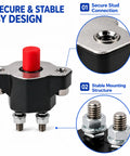 Heavy Duty 50 Amp Push Button Circuit Breaker Direct Drop In Replacement For Volvo Penta Mercruiser And Sierra Marine Systems showcasing secure stud connection and stable mounting structure.