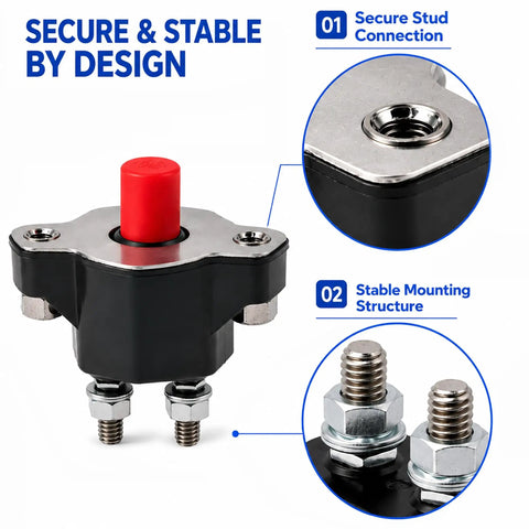 Heavy Duty 50 Amp Push Button Circuit Breaker Direct Drop In Replacement For Volvo Penta Mercruiser And Sierra Marine Systems showcasing secure stud connection and stable mounting structure.