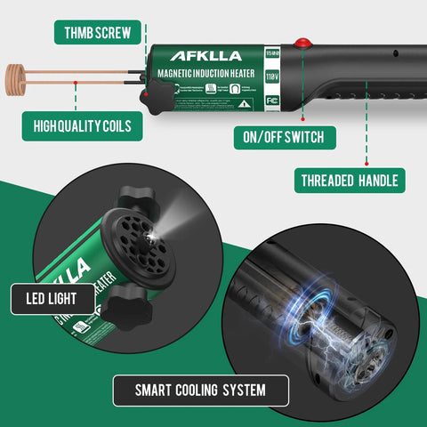 Front view of green induction heater bolt removal tool; 1500W 110V, 12 coils, LED light, cooling system