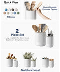 Two Piece Ceramic Utensil Holder Set For Kitchen Countertop White Fluted Crock Organizer Large 7.3 Inch And Small 5.4 Inch Holds Spatulas Spoons Ladles And Other Kitchen Tools
