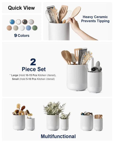 Two Piece Ceramic Utensil Holder Set For Kitchen Countertop White Fluted Crock Organizer Large 7.3 Inch And Small 5.4 Inch Holds Spatulas Spoons Ladles And Other Kitchen Tools