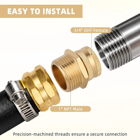 Brass Garden Hose Adapter Three Quarters GHT Female To One NPT Male Swivel Connector Reducer For Outdoor Irrigation And Watering Systems No Fuss Leak Free Quick Fit Heavy Duty Hook Up Fits Most Hoses Sprinklers And Tools, 3/4" GHT female to 1" NPT male