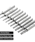 10 Piece Torx Bit Set With 28mm Long Bits, Precision S2 Alloy Steel, T1 To T10, arranged showing sizes and hex shank