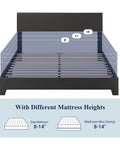 Queen Size Faux Leather Bed Frame With Adjustable Headboard In Sleek Black, showing different mattress height options 8-14 inches.