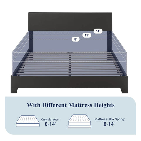 Queen Size Faux Leather Bed Frame With Adjustable Headboard In Sleek Black, showing different mattress height options 8-14 inches.