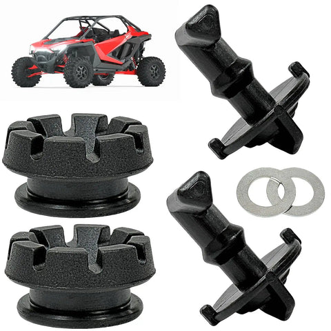 Hood Latch Toggle And Grommet Kit For Polaris RZR 570 800 S XP 900 2 Pack Built With ABS And Rubber, shown with off-road vehicle