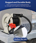 Close-up of 1 Inch By 50 Foot Fuel Hose Reel With Spring Driven Retractable Design and auto swivel, mounted on a metal platform.