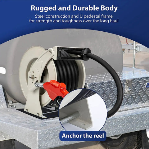 Close-up of 1 Inch By 50 Foot Fuel Hose Reel With Spring Driven Retractable Design and auto swivel, mounted on a metal platform.