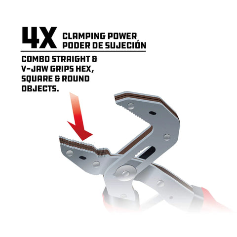 Close-up of 7 Inch Self Adjusting Pliers with Spring Loaded One Hand Power Grip, showing jaw design and clamping power text.