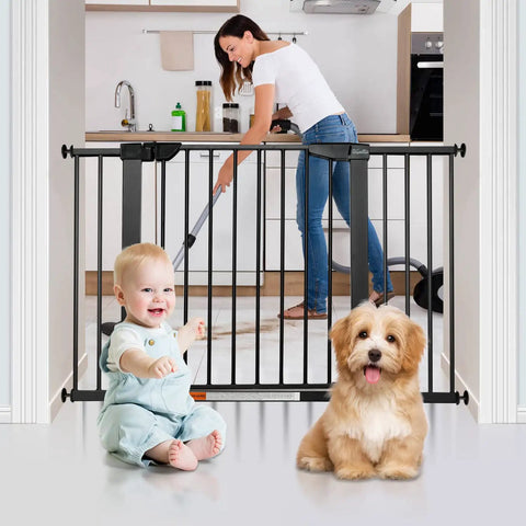 Extra Wide Walk Through Pet Gate With Auto Close, Kid Friendly And Pet Safe, Durable Metal Gate For Stairs And Doorways in use