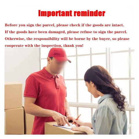 Courier in red uniform assisting a woman with parcel inspection and signing indoors.