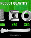 Rock Solid M6 X 16Mm Rack Mount Cage Nuts Screws And Washers 50 Pack Self Locking Server Cabinet Hardware Kit For Routers, parts shown: screws, cage nuts, washers, cable ties.