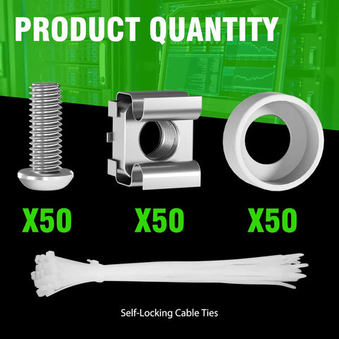Rock Solid M6 X 16Mm Rack Mount Cage Nuts Screws And Washers 50 Pack Self Locking Server Cabinet Hardware Kit For Routers, parts shown: screws, cage nuts, washers, cable ties.