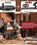 Man using 5X Magnifying Glass With Light And Stand 2 In 1 Stepless Dimmable LED Magnifier Lamp on workbench with comparison of base styles.