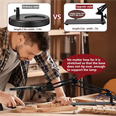 Man using 5X Magnifying Glass With Light And Stand 2 In 1 Stepless Dimmable LED Magnifier Lamp on workbench with comparison of base styles.