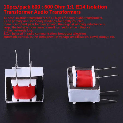 Ten Pack 600 Ohm 1 To 1 Isolation Transformers For Audio Applications, EI14 Core, Stable Lead-Free Components, Tight Coupling