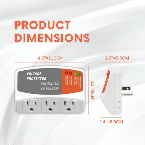 Three Outlet Refrigerator Surge Protector Wall Plug With Automatic Voltage Protection product dimensions front and side view.