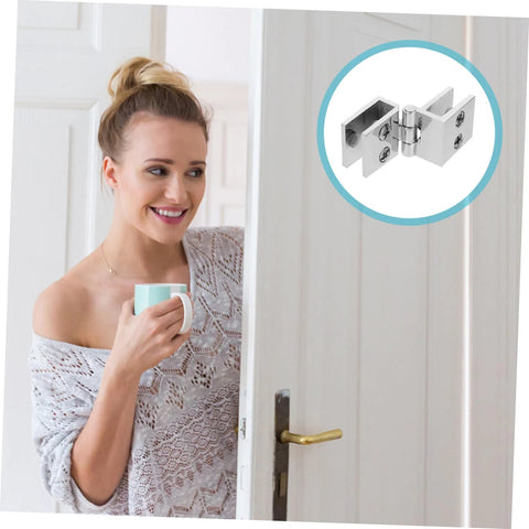 DOITOOL glass door hinges, 4pcs set, chrome finish; front view with inset hinge close-up for cabinets and bookcases.