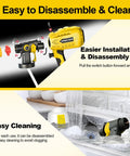 Heavy Duty HVLP Paint Sprayer With Kick Ass 850W Motor and Four Slick Nozzles disassembled for easy cleaning in sink.