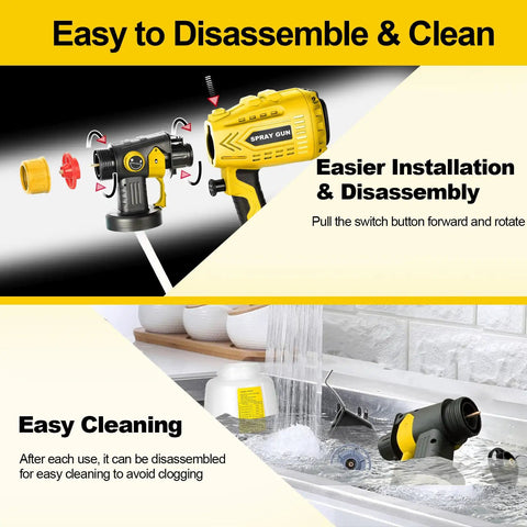 Heavy Duty HVLP Paint Sprayer With Kick Ass 850W Motor and Four Slick Nozzles disassembled for easy cleaning in sink.