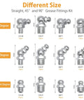 VIGRUE grease fittings kit with caps, 490 pcs; SAE & metric zerks in straight, 45° and 90° variants for grease guns
